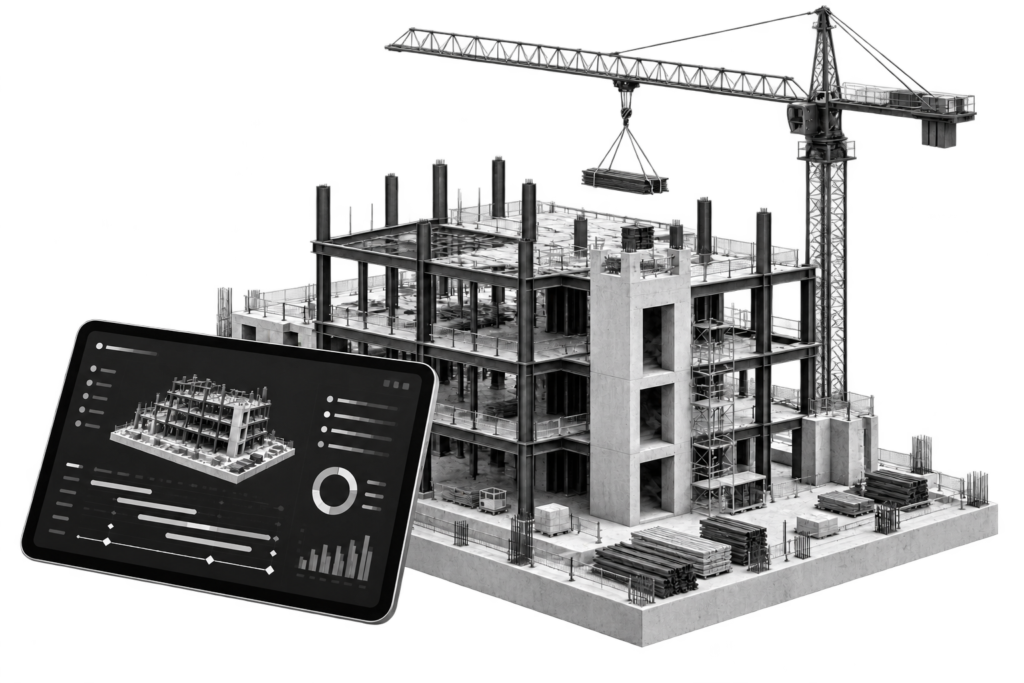 Black and white construction site and crane with a project planning tablet