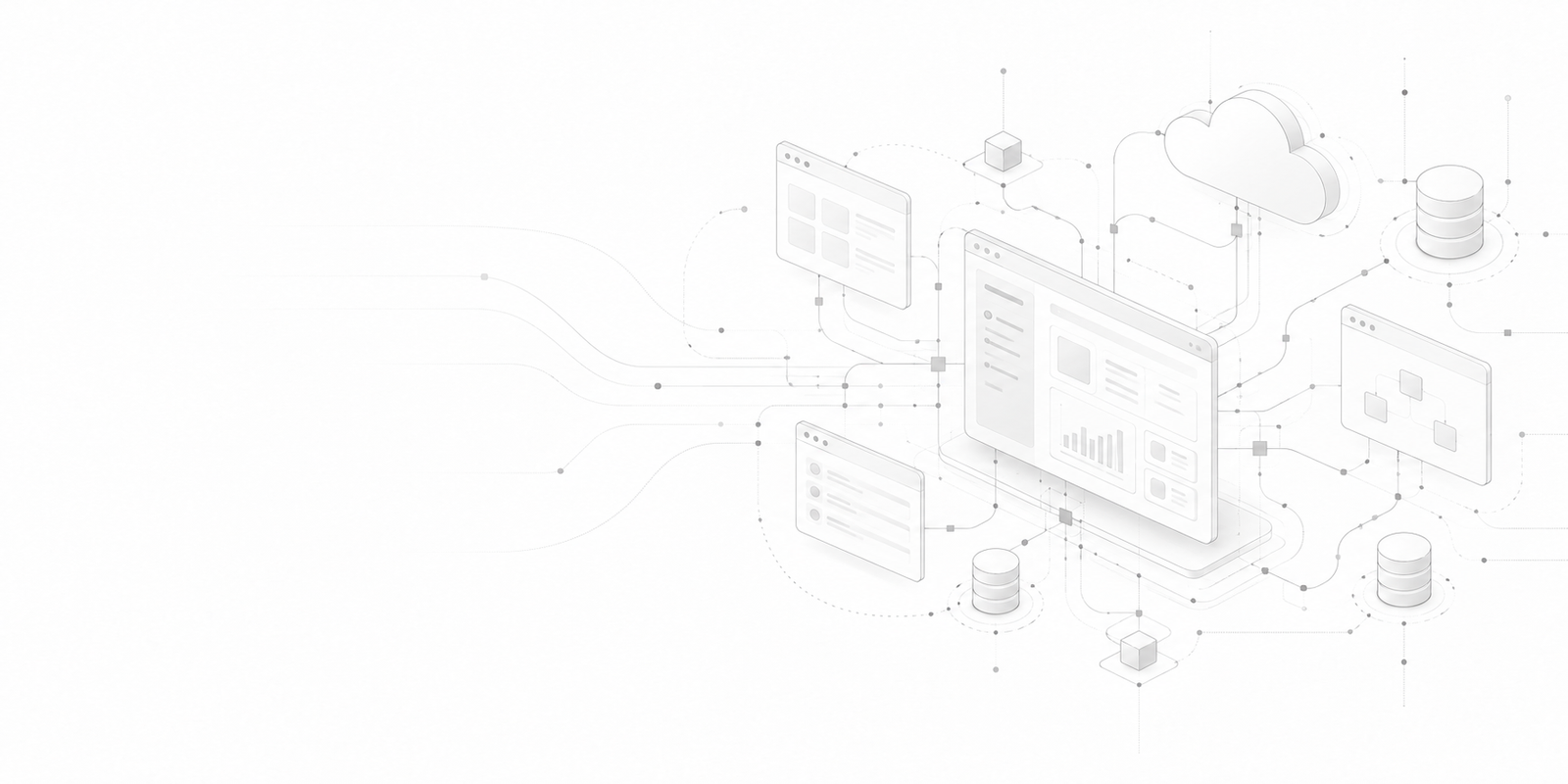 Monochrome illustration of custom software systems and connected applications