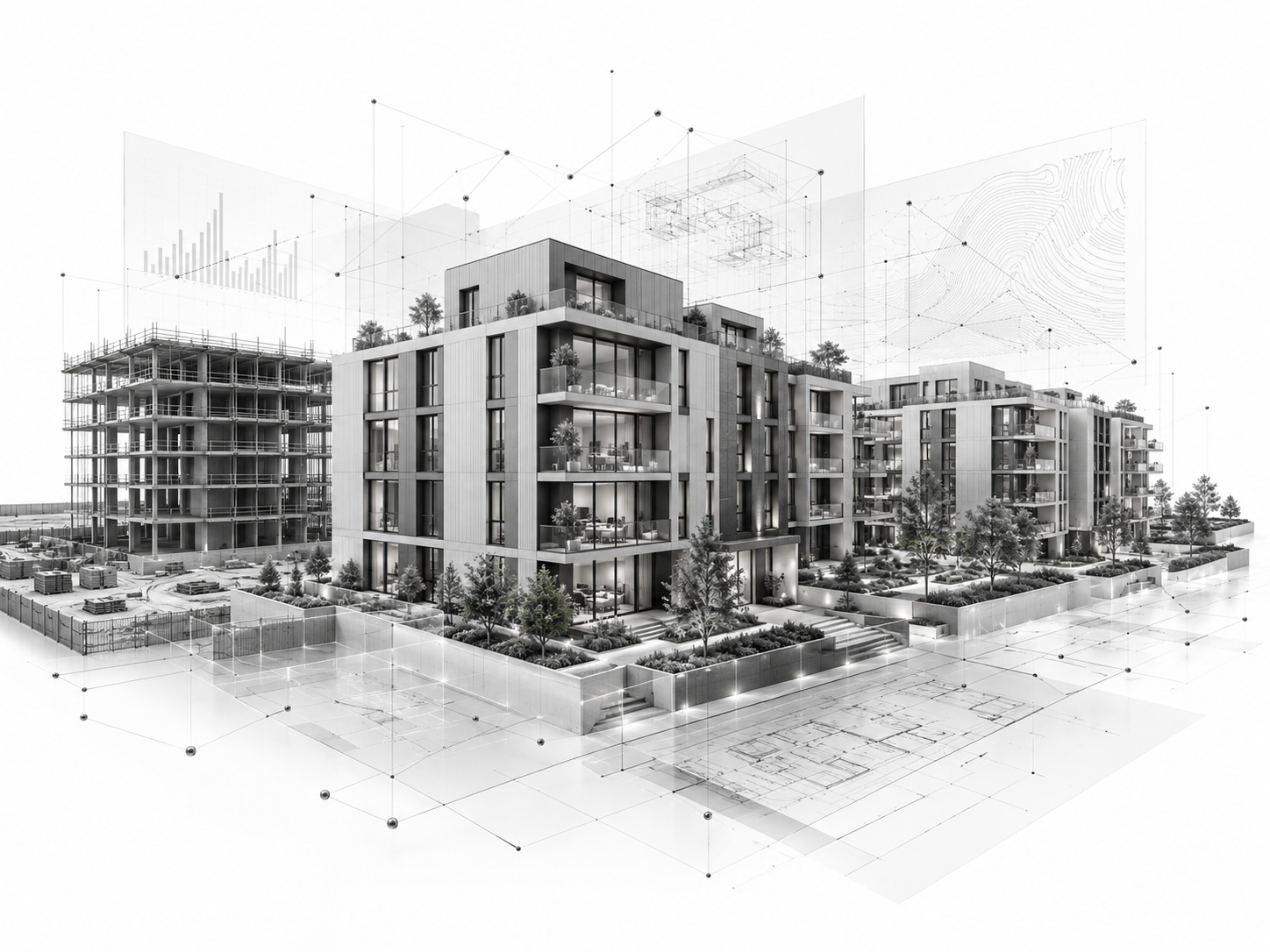 Monochrome construction and property concept illustration with AI data overlays