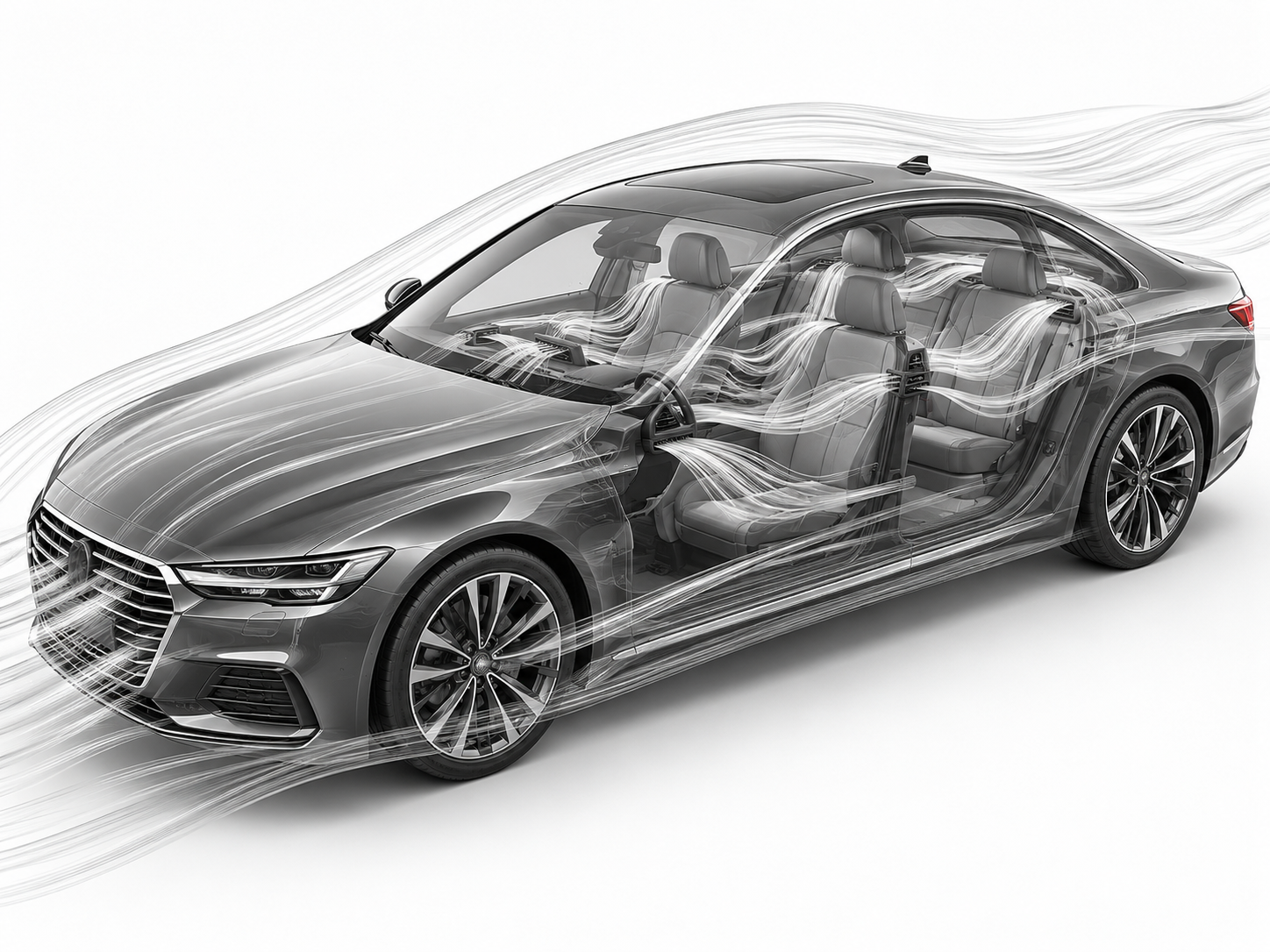 Monochrome vehicle illustration showing airflow modelling and simulation