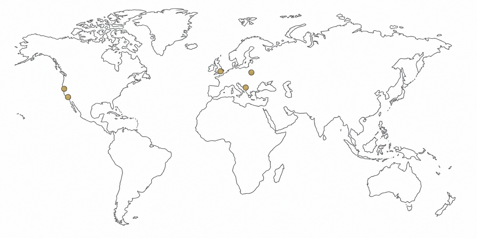 World map with gold markers for offices in San Diego, San Francisco, London, Montenegro and Poland.